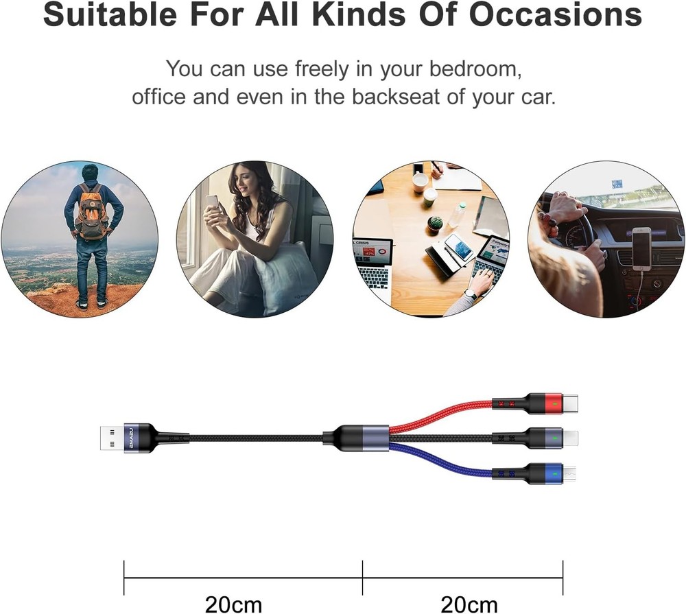 USAMS 2Pack Multi Charging Cable Nylon Braided Short 1FT 4 1ft, Multicolored