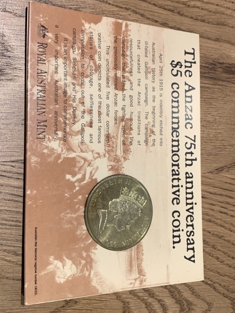 ANZAC 75th ANNIVERSARY $5 COMMEMORATIVE COIN 1990