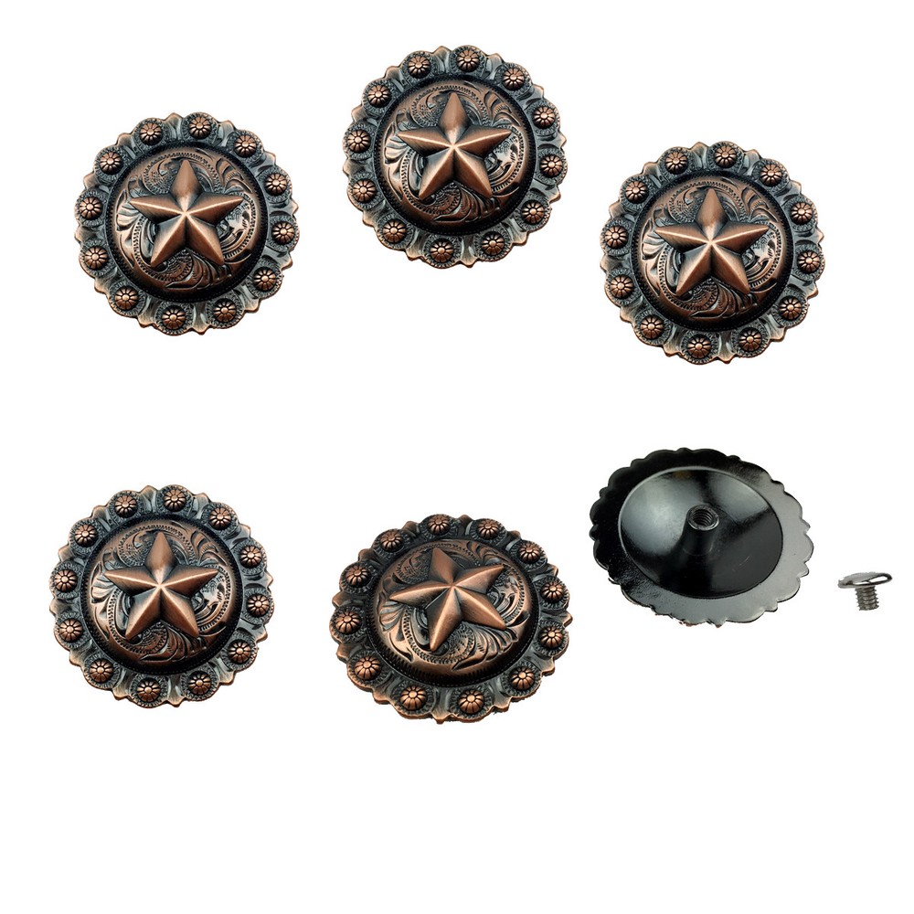 Set of 6 WESTERN SADDLE HORSE TACK COPPER ENGRAVED STAR BERRY CONCHOS screw back
