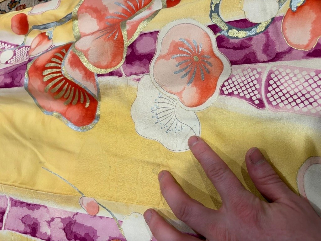 Vintage Mitsukoshi Silk Kimono Yellow Floral Gold Handpainted Long Robe Japan