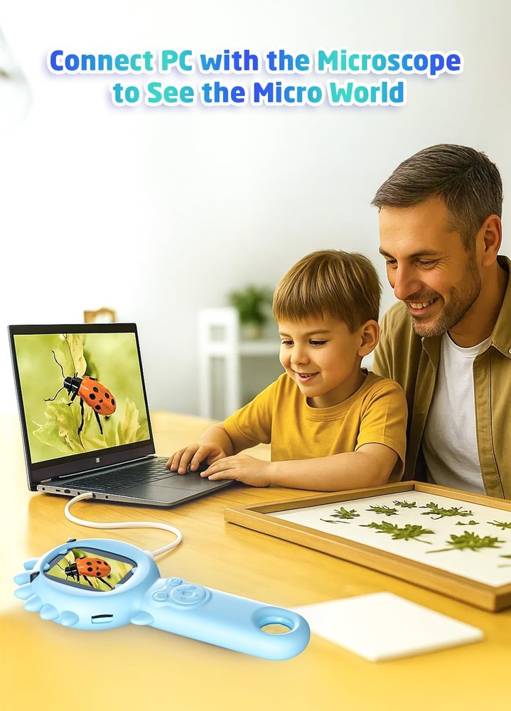 2-in-1 Microscope Camera for Kids, Mini Handheld Blue Dinosaur