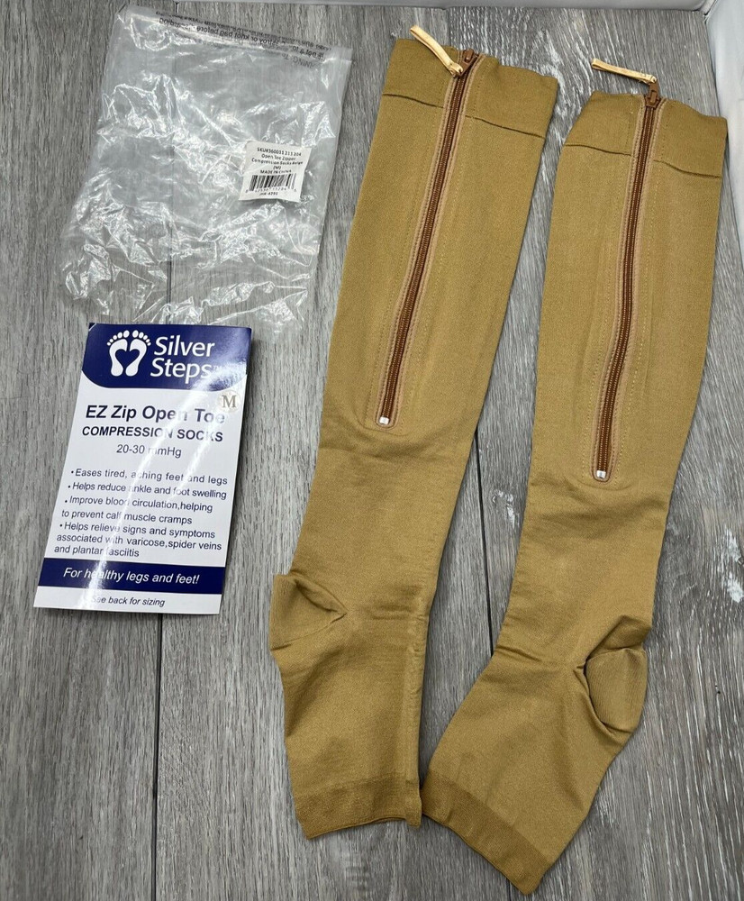 Silver Steps EZ Zip Open Toe Compression Socks 20-30mmHg, Beige Size M