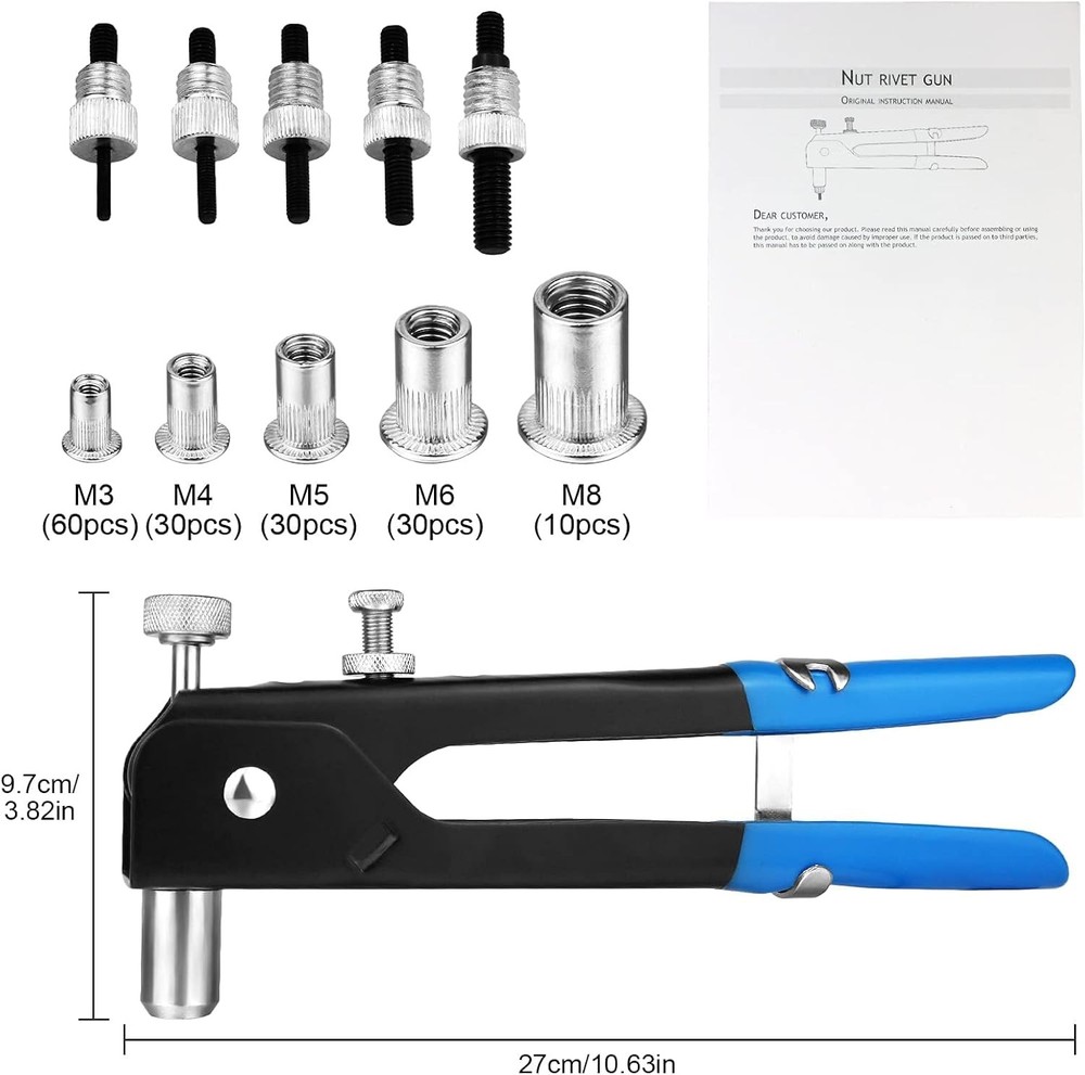 136pcs Rivet Nut Tool Kit Rivnut Gun kit Wrench Threaded Blue