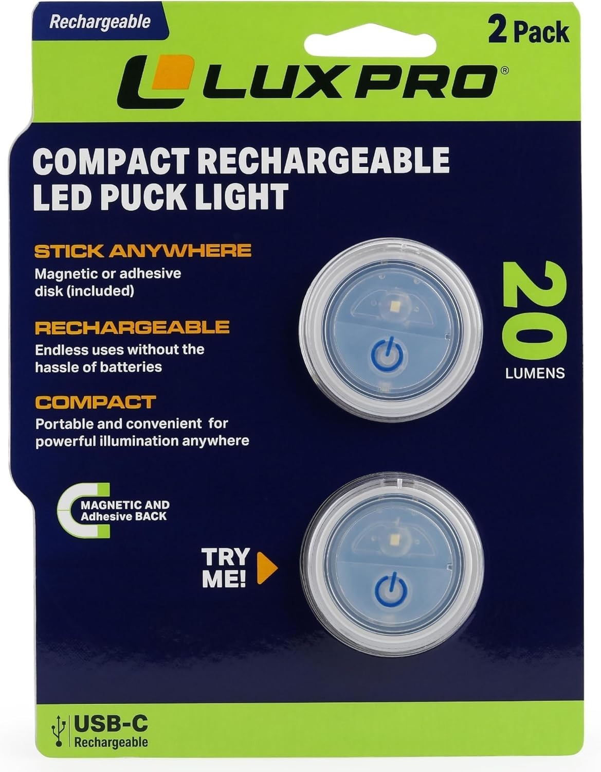LUXPRO Waterproof Micro LED Rechargeable Puck Lights - Mini Puck Lights - 2 Pack