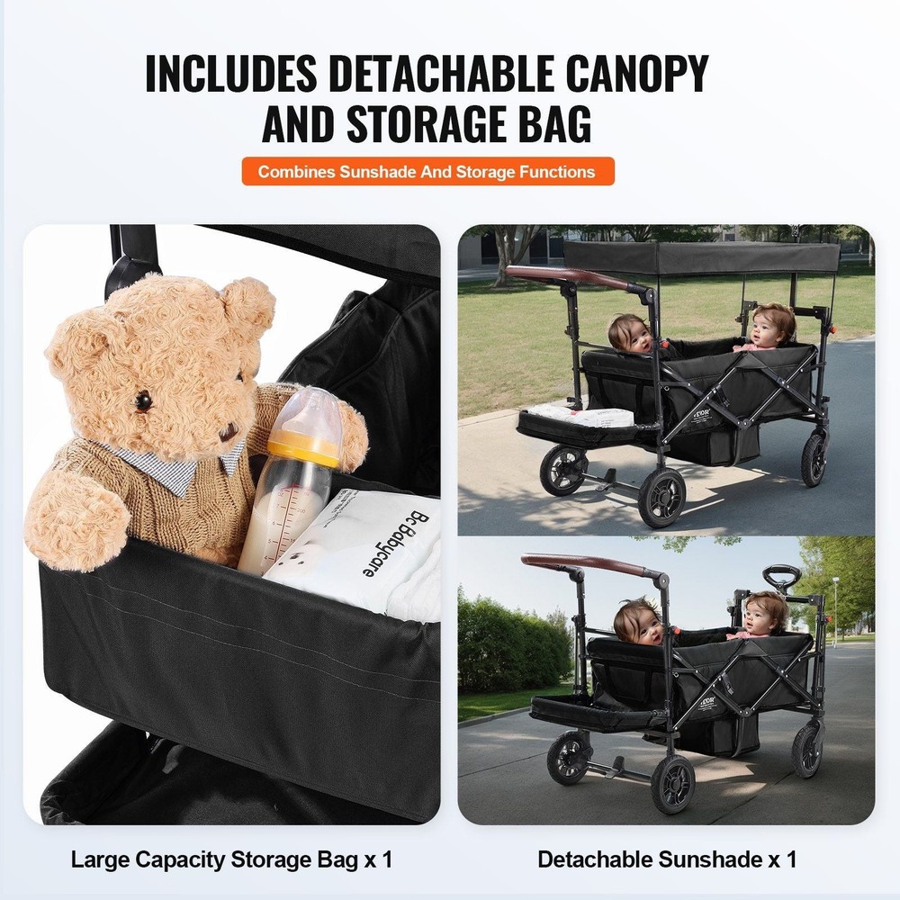 Wagon Stroller for 2 Kids, Push Pull Quad Collapsible Stroller with Adjustable