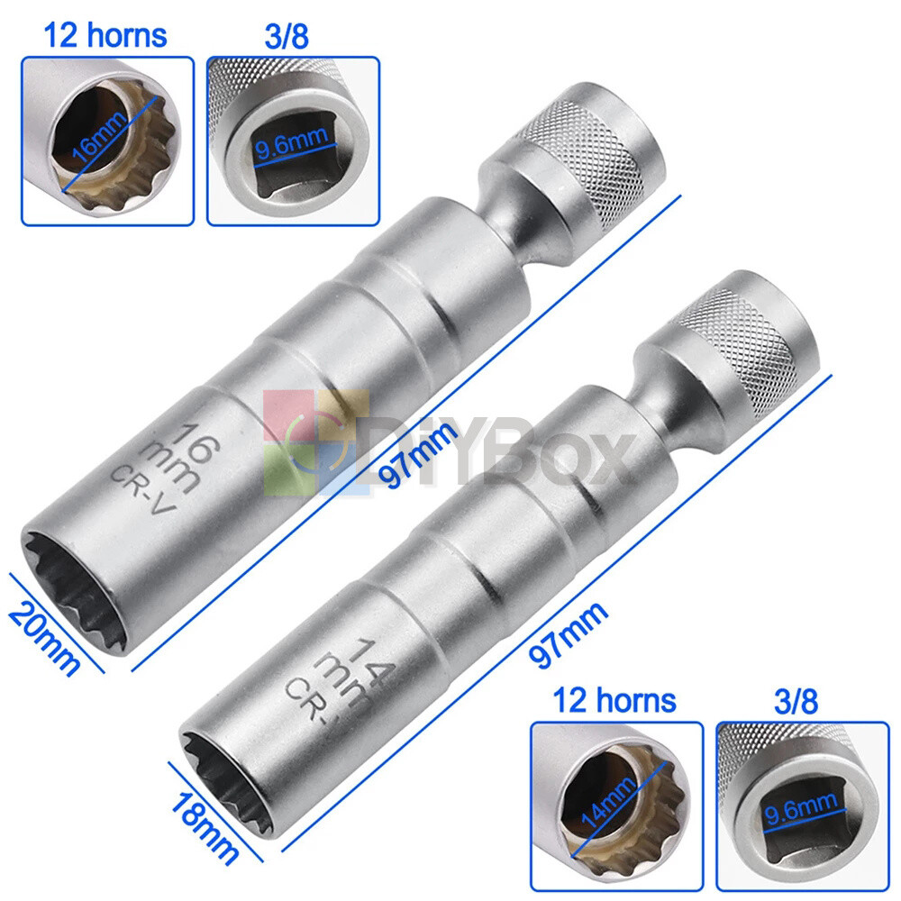 14&16mm 3/8" Drive Thin Walled Magnetic Spark Plug Socket Remover Installer Tool