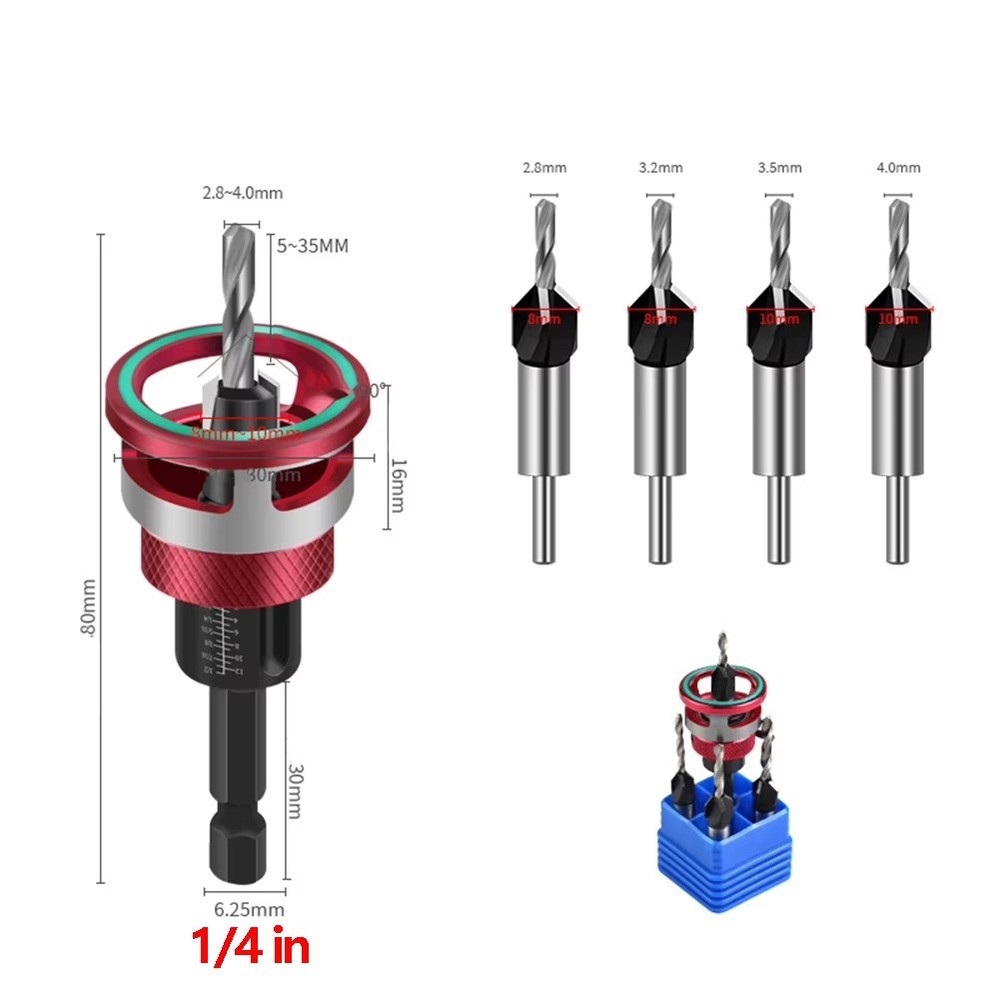 4PCS Countersink Drill Bit Set with Adjustable Depth Stop M2 HSS Woodworking Bit