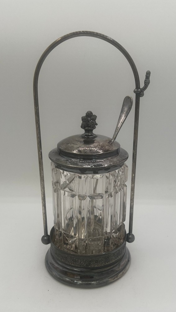 Victorian Silver Plated Pickle Castor Complete w/ Cut Crystal & Spoon