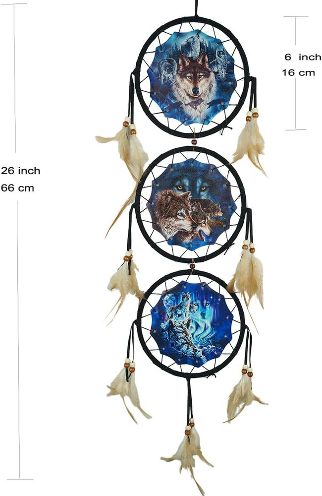 Remorelt Wolf Dream Catchers，3-Layer Circle Wall Hanging with Different Wolf Art