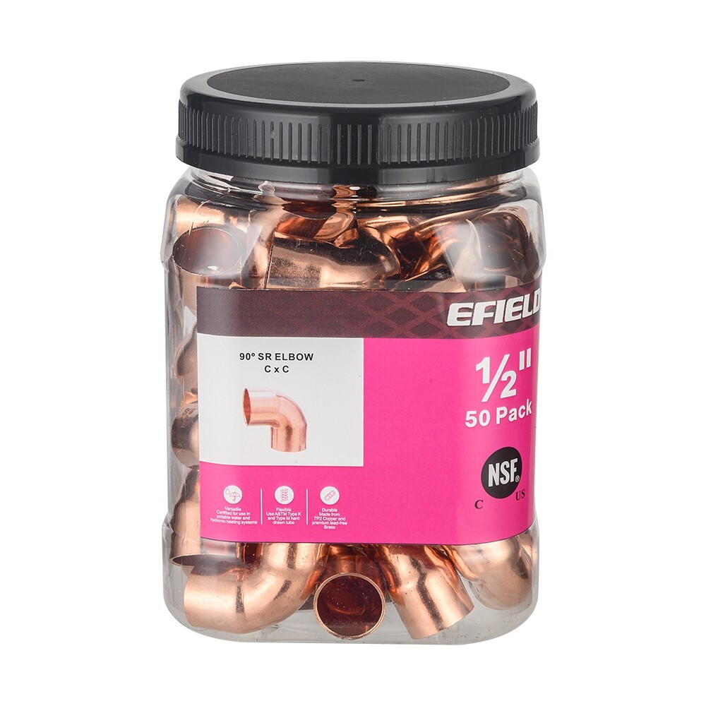 Pro 100 Pack EFIELD 1/2" C X C 90 Degree Elbow , Copper Solder Fittings, No Lead