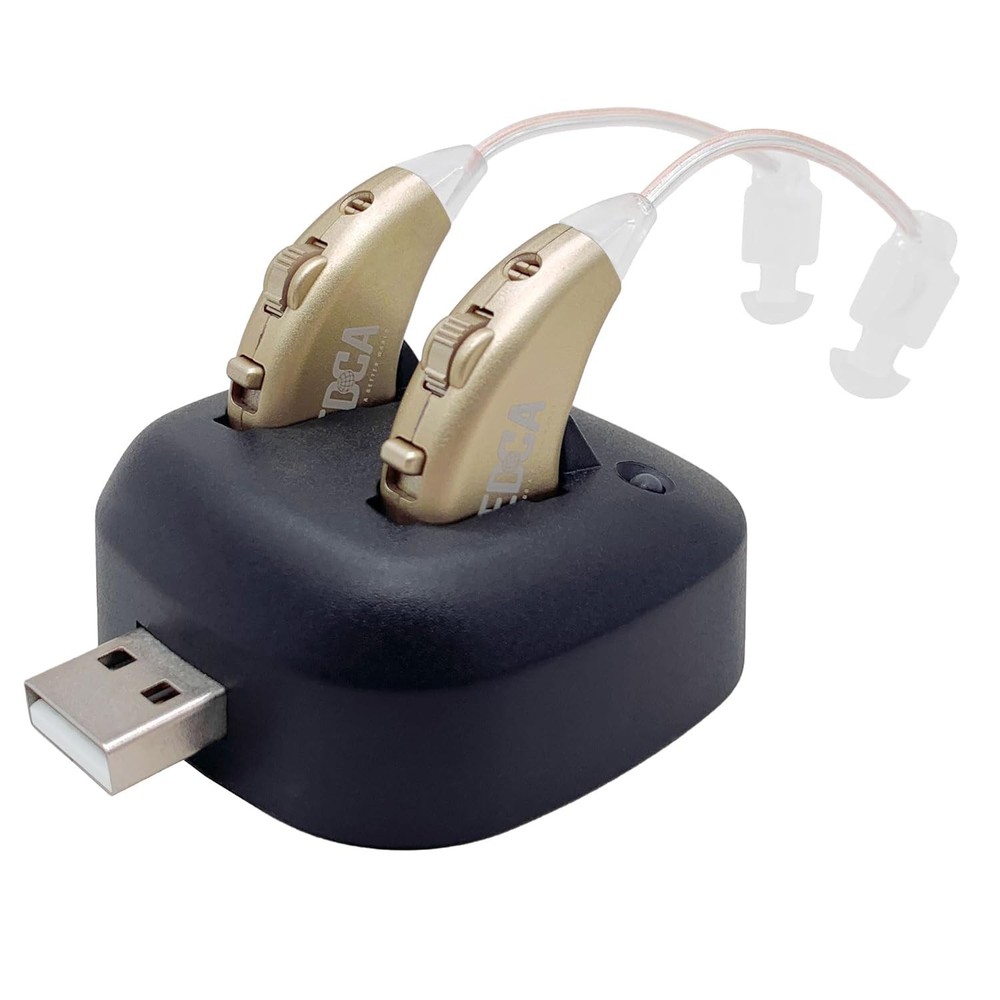 Compact Rechargeable BTE Hearing Amplifiers - Stylish Gold with Easy Control