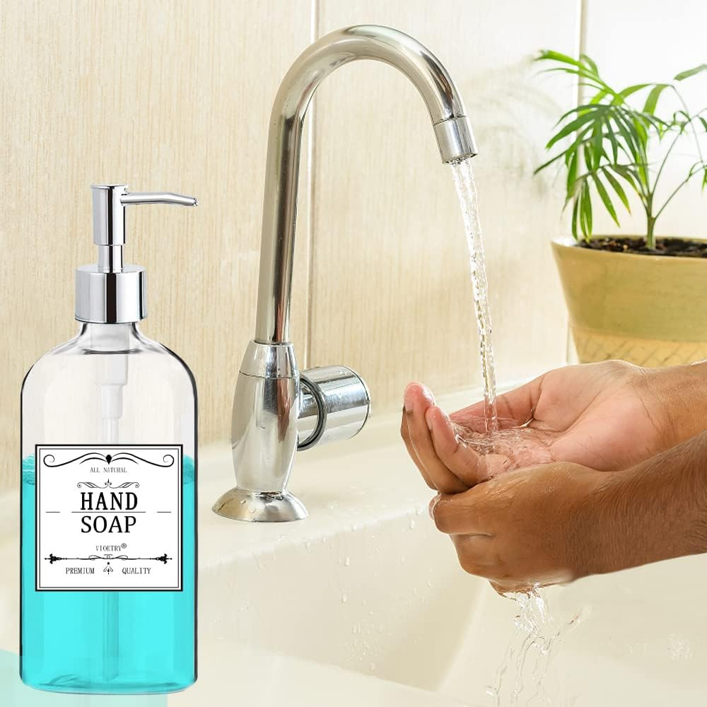 Clear Soap Dispenser with Rust Proof Pump, Waterproof Labels (2 Pack,16 Oz), Pla