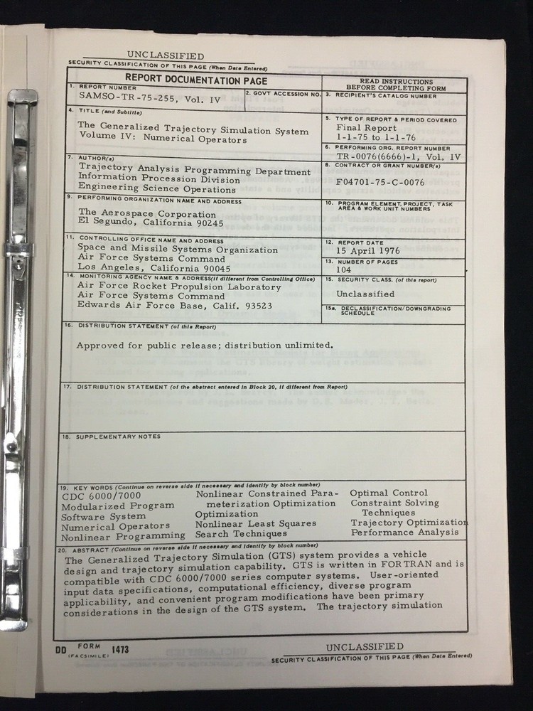 1976 GENERALIZED TRAJECTORY SIMULATION VOLUME IV: NUMERICAL OPERATORS, FOR USAF