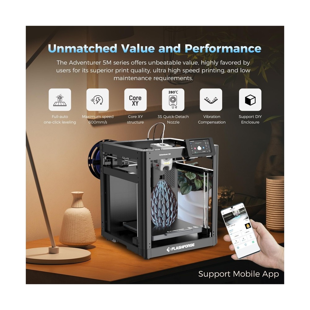 FLASHFORGE Adventurer 5M 3D Printer with Fully Auto Leveling, Max 600mm/s Hig...