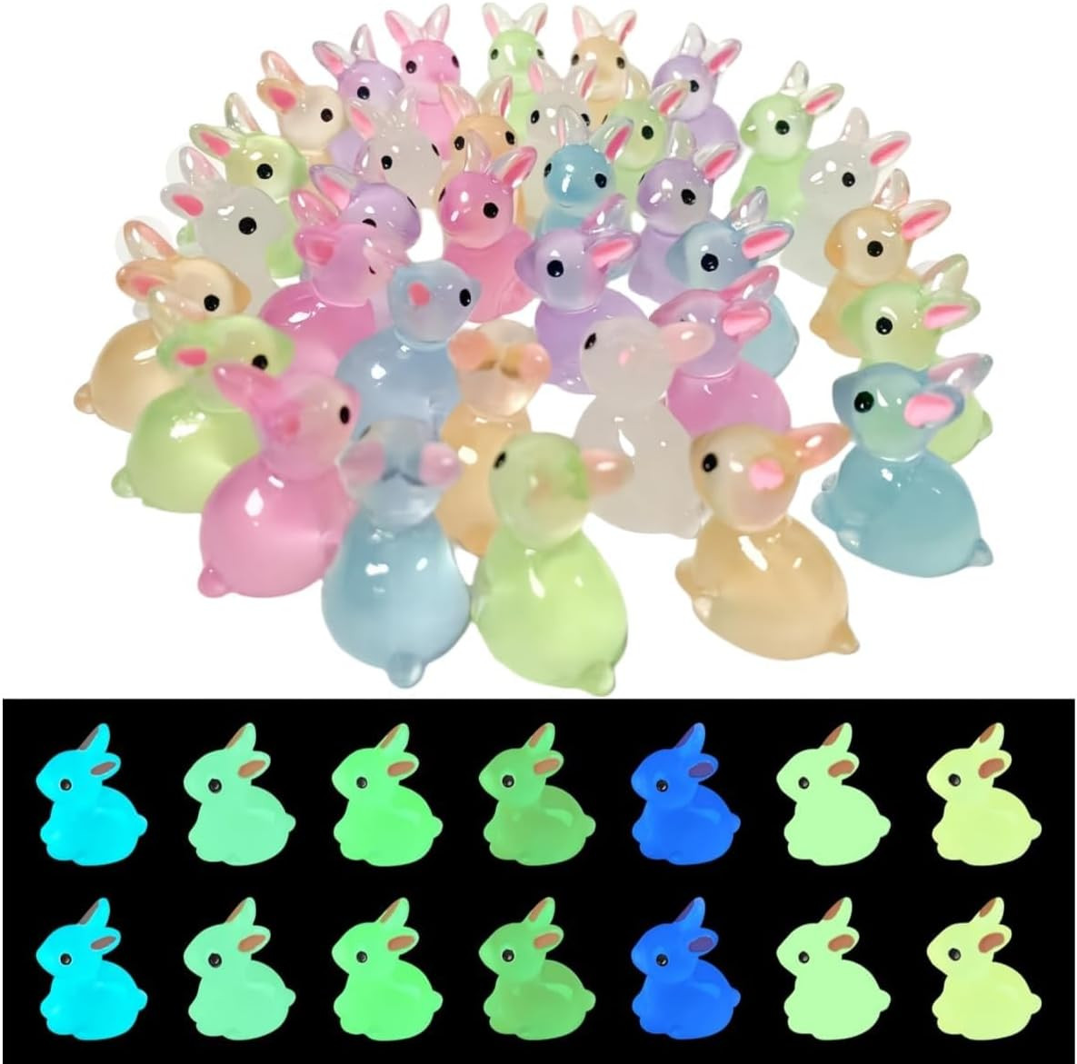 60pcs Easter Luminous Mini Resin Bunny,Glow in Dark Resin Rabbit Figures for Fai