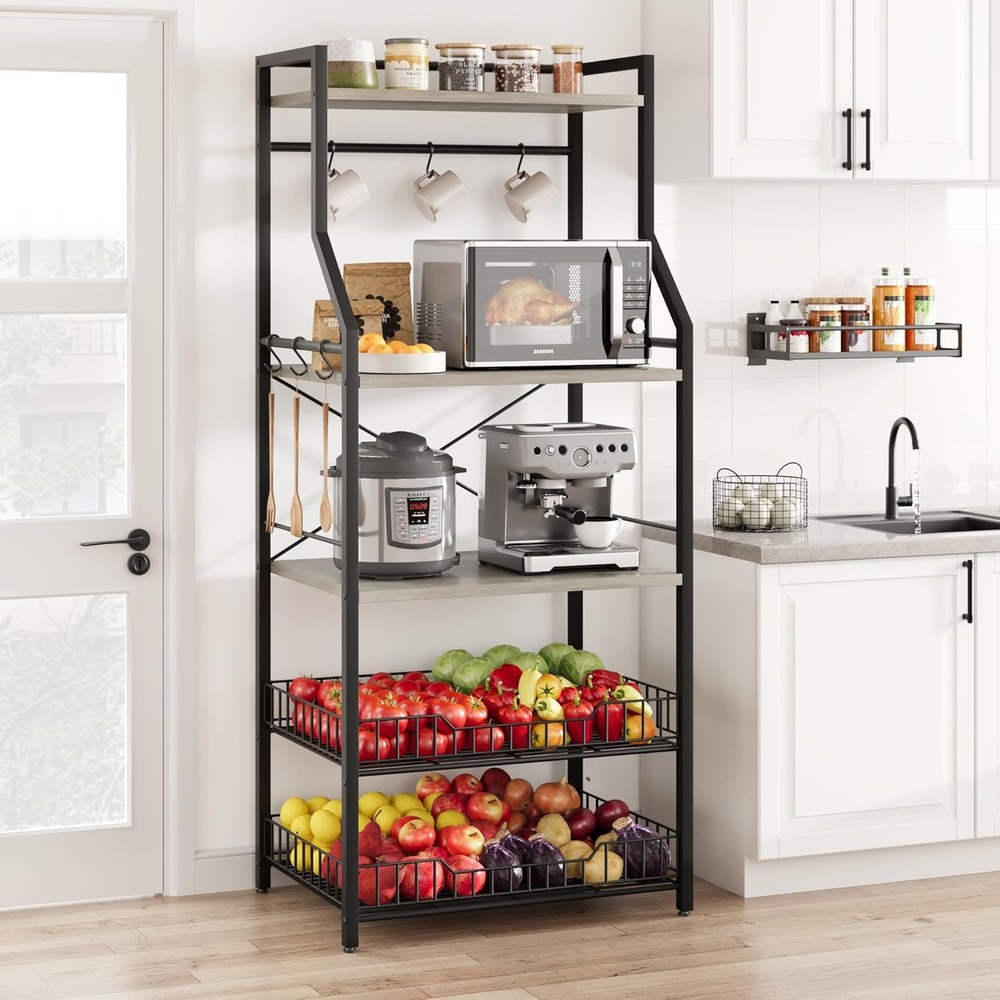 Rustic Microwave Stand 5-Tier Kitchen Storage Rack with Adjustable Feet Gray