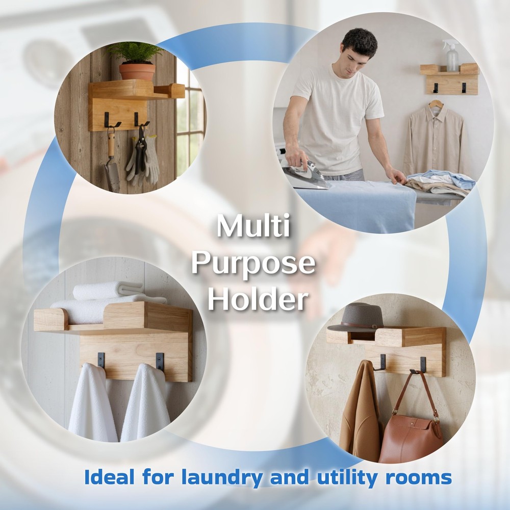 Solid Wood Ironing Board Hanger Wall Mount - Laundry Room Organization & Stor...