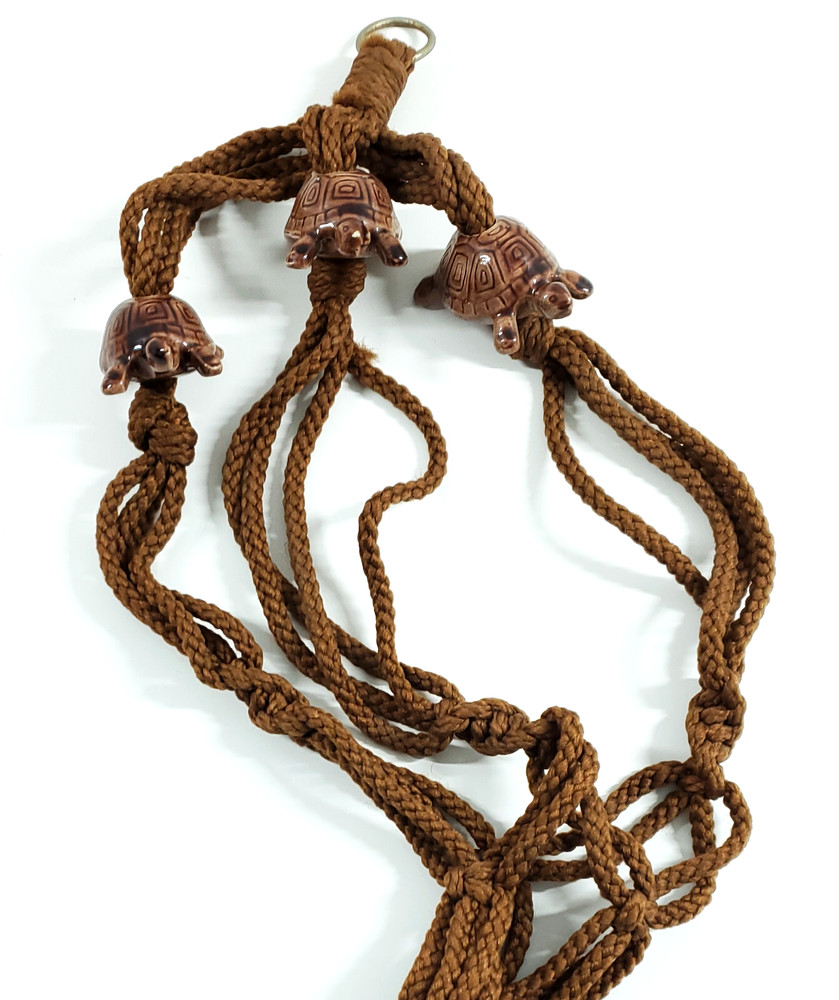 Vintage Boho Brown Macrame Ceramic Turtle Bead Hanging Plant Holder