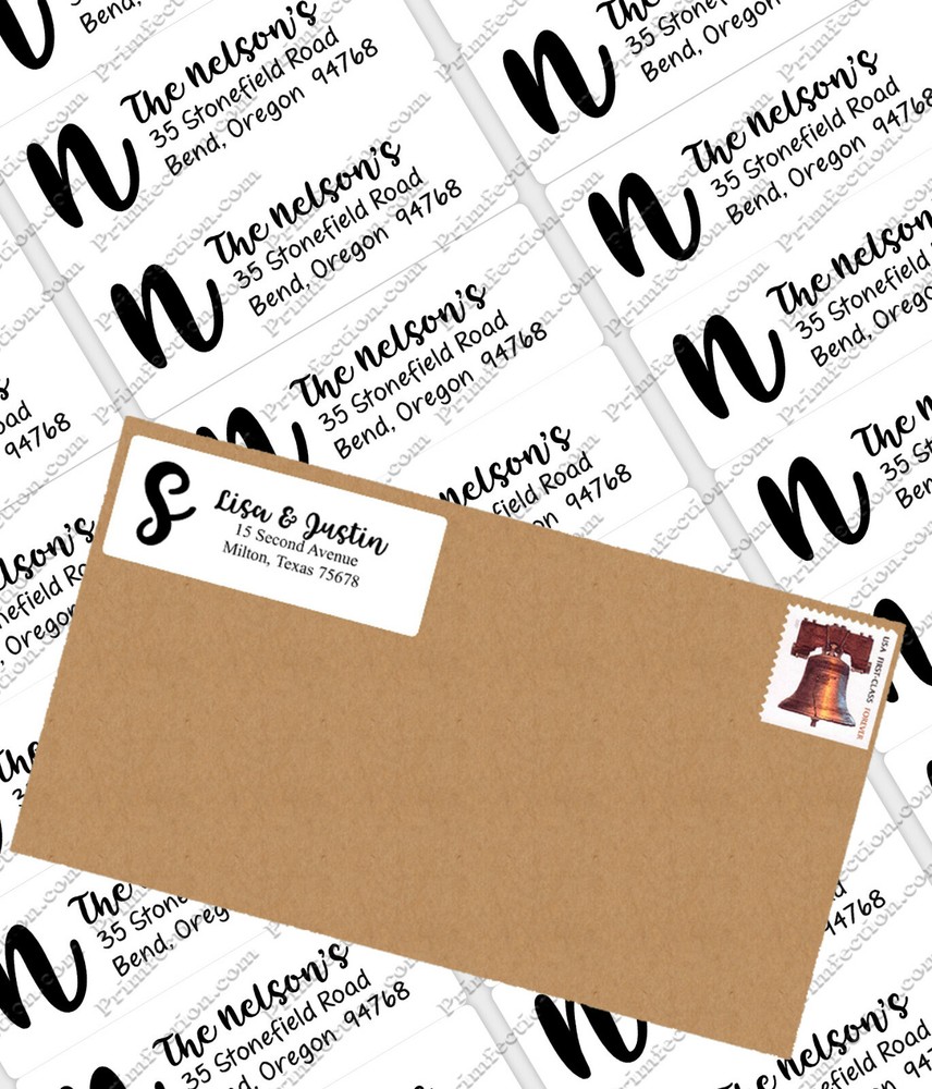 150 Custom GLOSSY 1 x 2.63 Inch Return Address Monogram Brush Script Labels