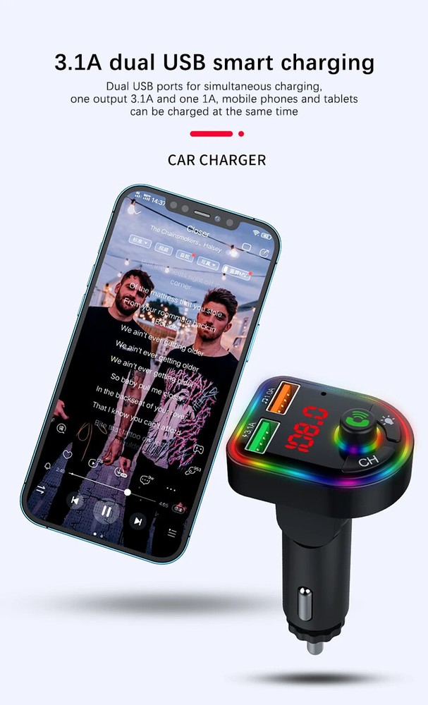 Car Bluetooth 5.3 FM Multifunction Adapter Dual USB Port Quick Charge Adapter