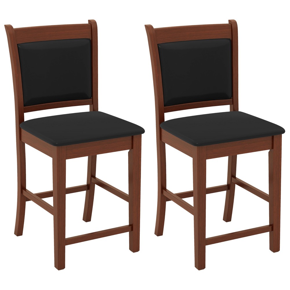 Upholstered Counter Stool Set of 2 w/ Solid Rubber Wood Frame Ergonomic Backrest