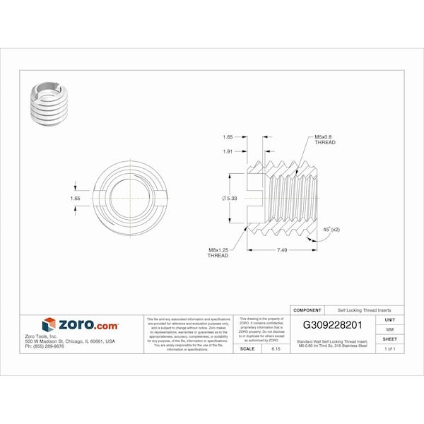 Standard Wall Self Locking Thread Insert, M5-0.80 Int Thrd Sz, 316 Stainless