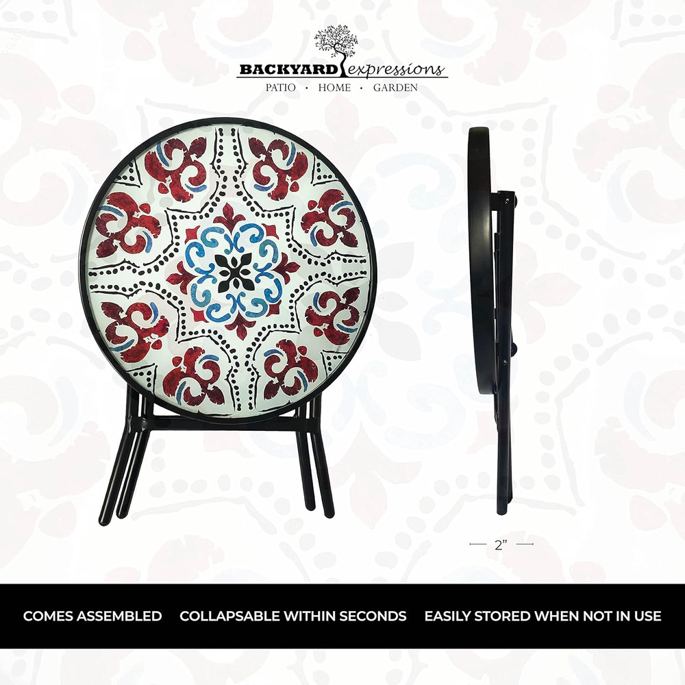 Folding Glass Patio Side Table-Mosaic Pattern-18 Inch