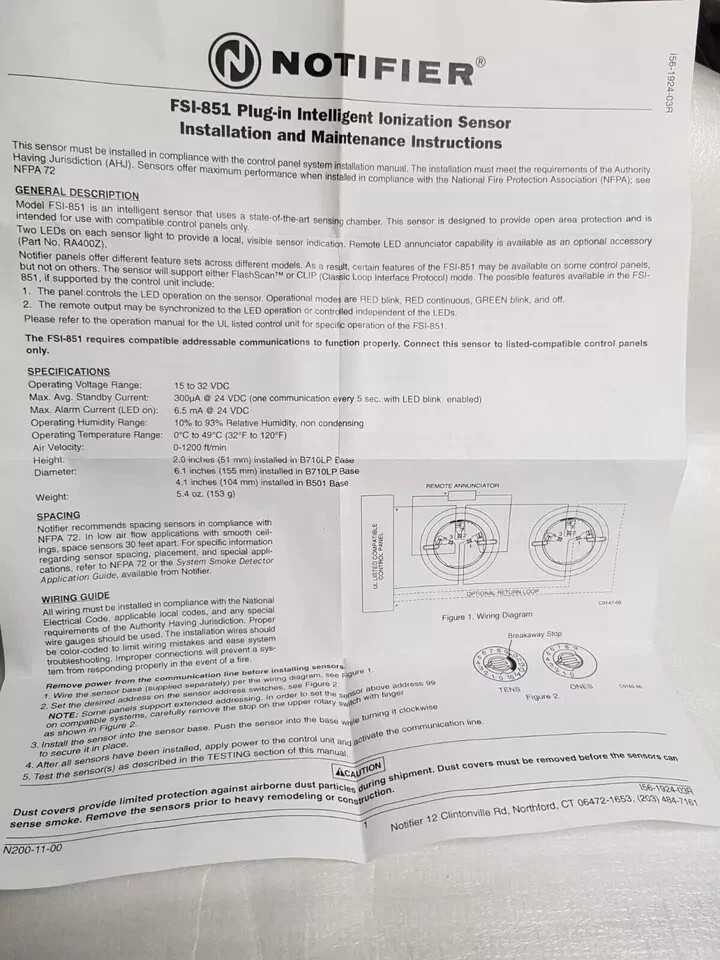 FSI-851 NOTIFIER INTELLIGENT IONIZATION SMOKE DETECTOR FOR FIRE SYSTEM