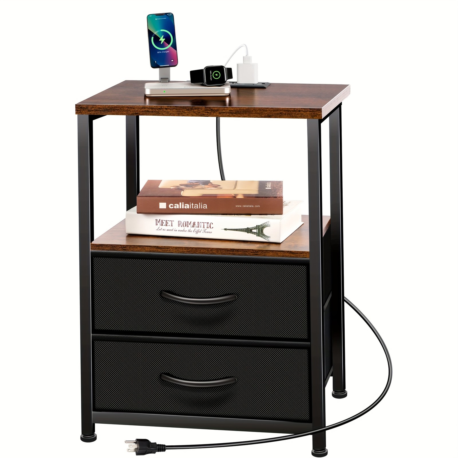 Led Nightstand with Charging Station 2 Drawers Night Stand Black Bedside Table