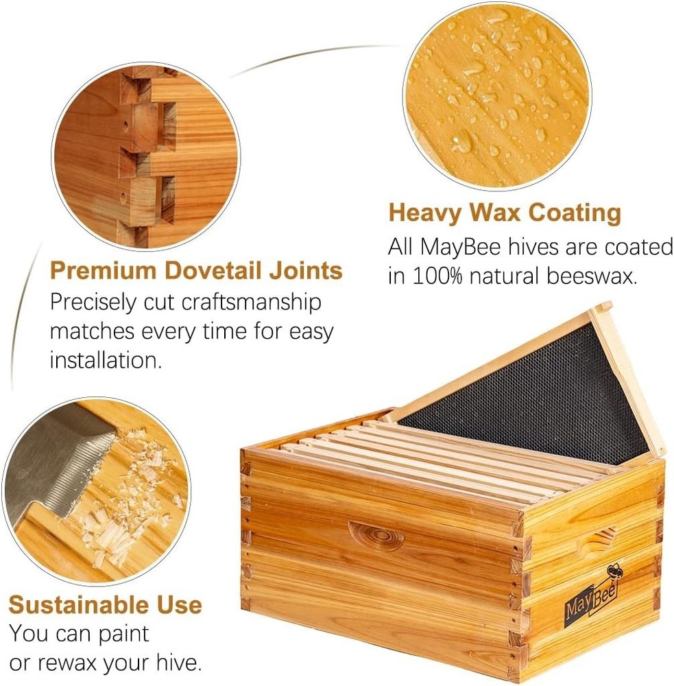 8-Frame Beehive Box Langstroth Deep Brood Box Dipped in 100% Beeswax Includes...