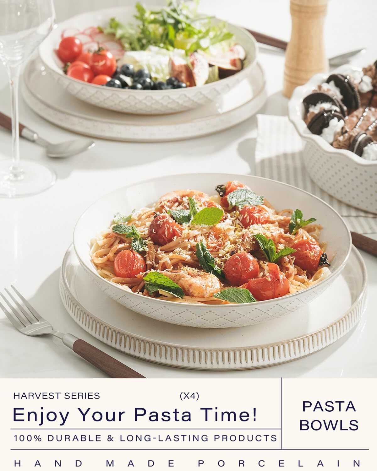 Pasta Bowl, Large Salad Serving Bowl (9.2 in./42 oz.), Ceramic Dish Set of 4