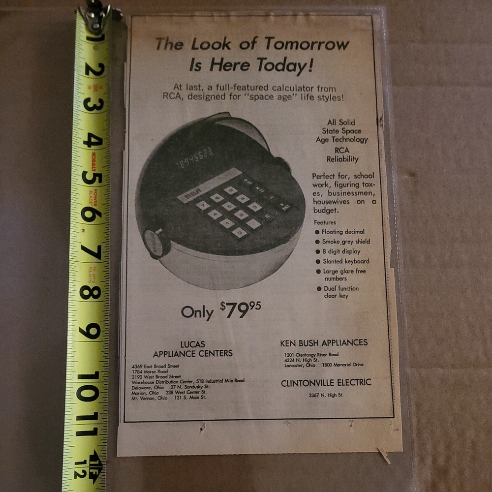 Original NEWSPAPER AD FOR RCA Digital Calculator Space Age Modern