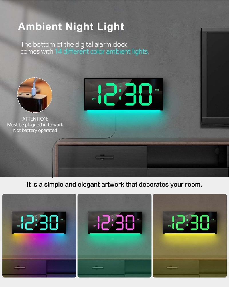 Large Digital Wall Clock 12", Digital Clock with Full Screen Display, 12 RGB ...
