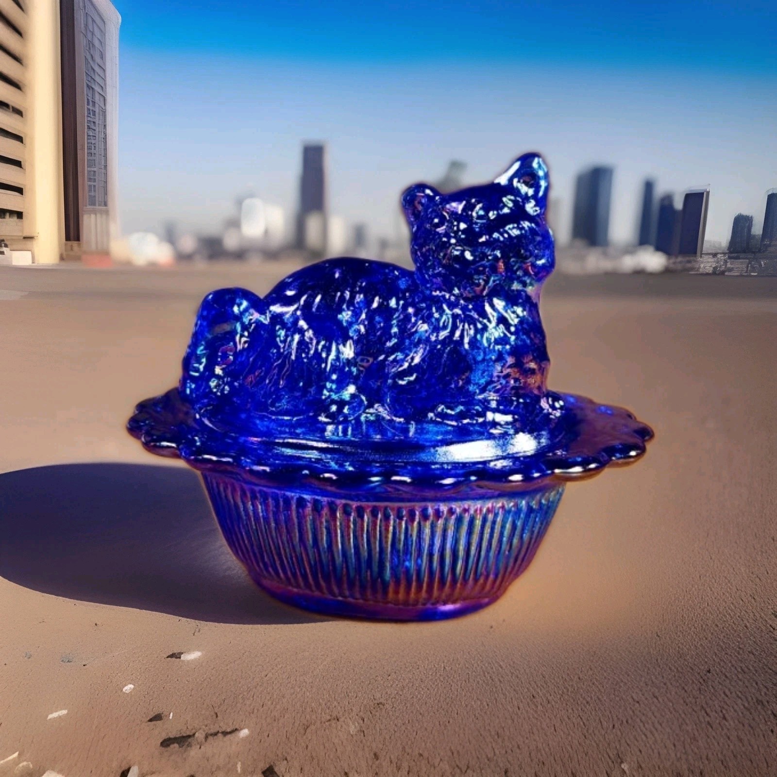 Mini Cat On Basket Cobalt Blue Carnival 2.75" x 2.25" Mosser Glass