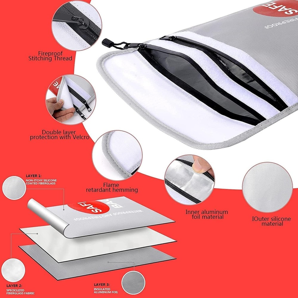 Fireproof Waterproof Bags, Two Pockets Fireproof Document Bag (2000℉) with Zippe