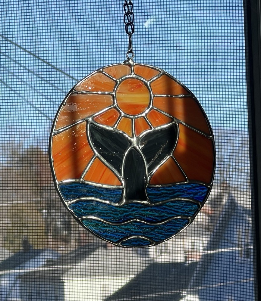 Stained Glass Whale Tail Ocean Sun Suncatcher Window Panel