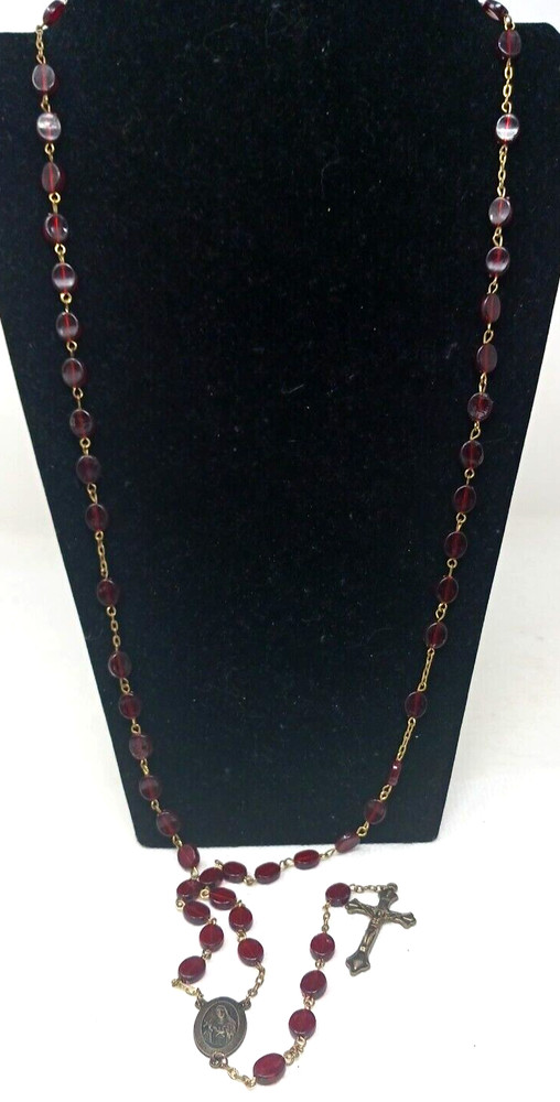 Catholic Rosary Cross  Brownish / Red Flat Oval Beads Gold Tone #J1-LtG