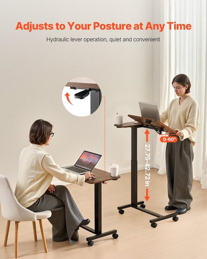 New/Overbed Table, Mobile Bed Side Table with Flip Desktop and 4 Wheels, Height