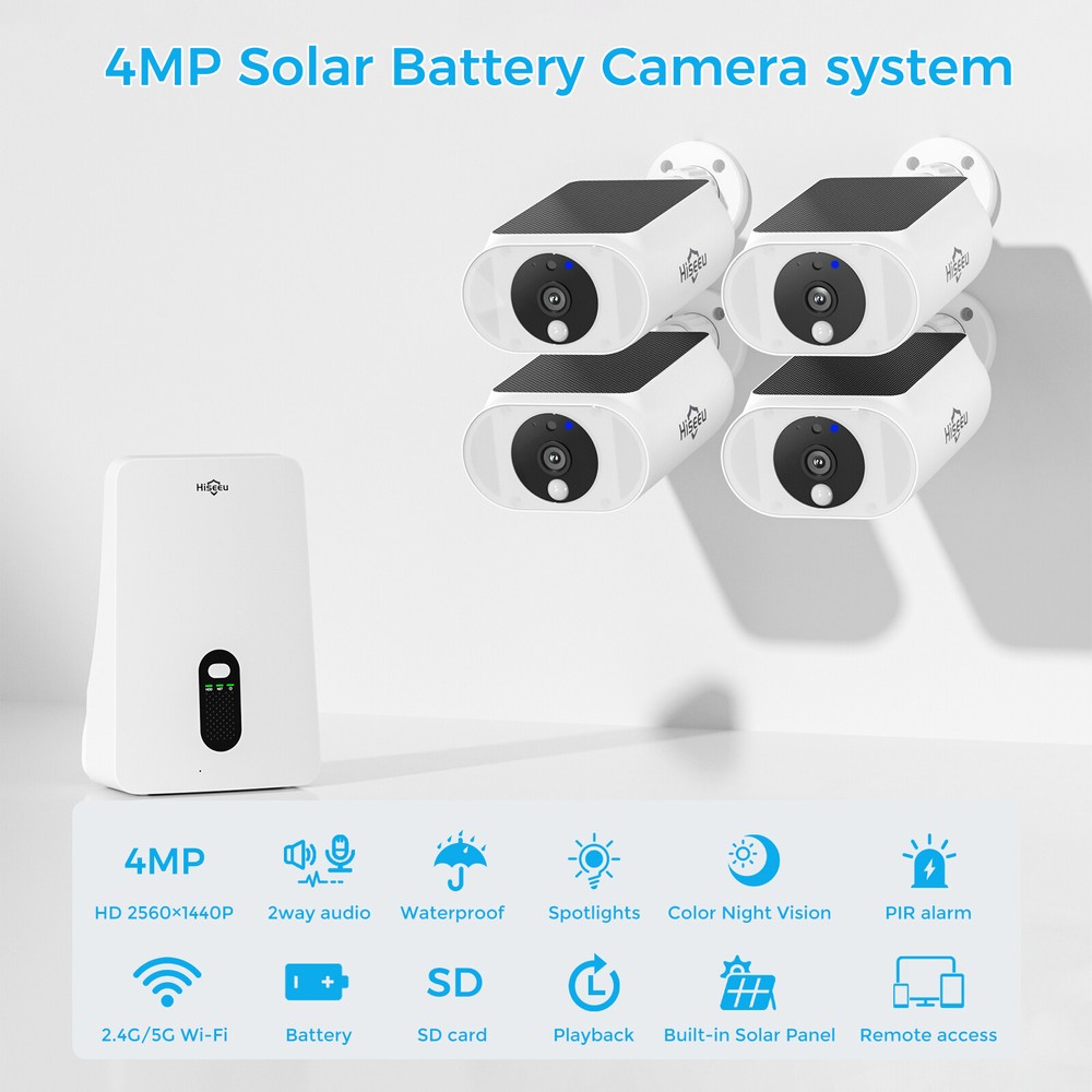 Hiseeu 4MP 10CH Wireless Solar Battery Powered Security Camera System 5G WIFI