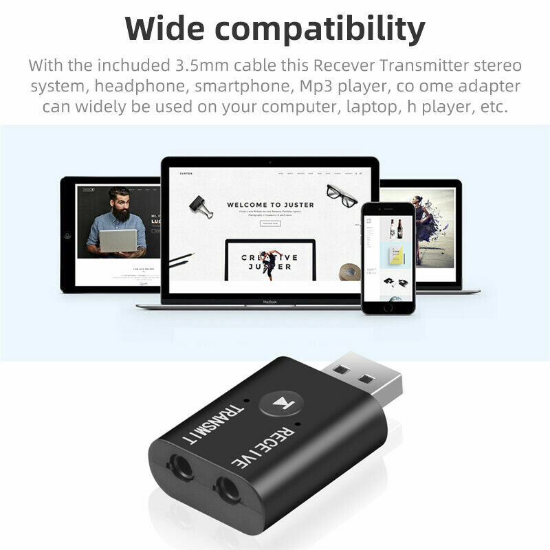 Mini 3.5mm Bluetooth 5.0 Transmitter Receiver TV PC Car USB Audio Stereo Adapter