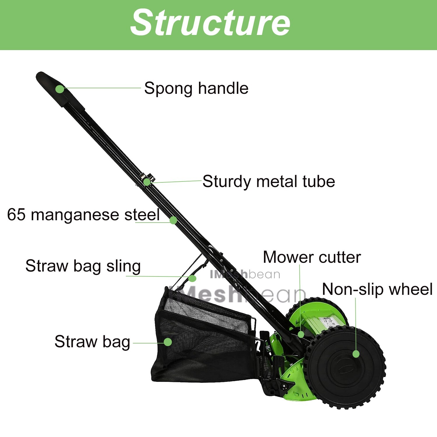 16-Inch 5-Blade Manual Reel Lawn Mower w/Adjustable Cutting and Handle Height