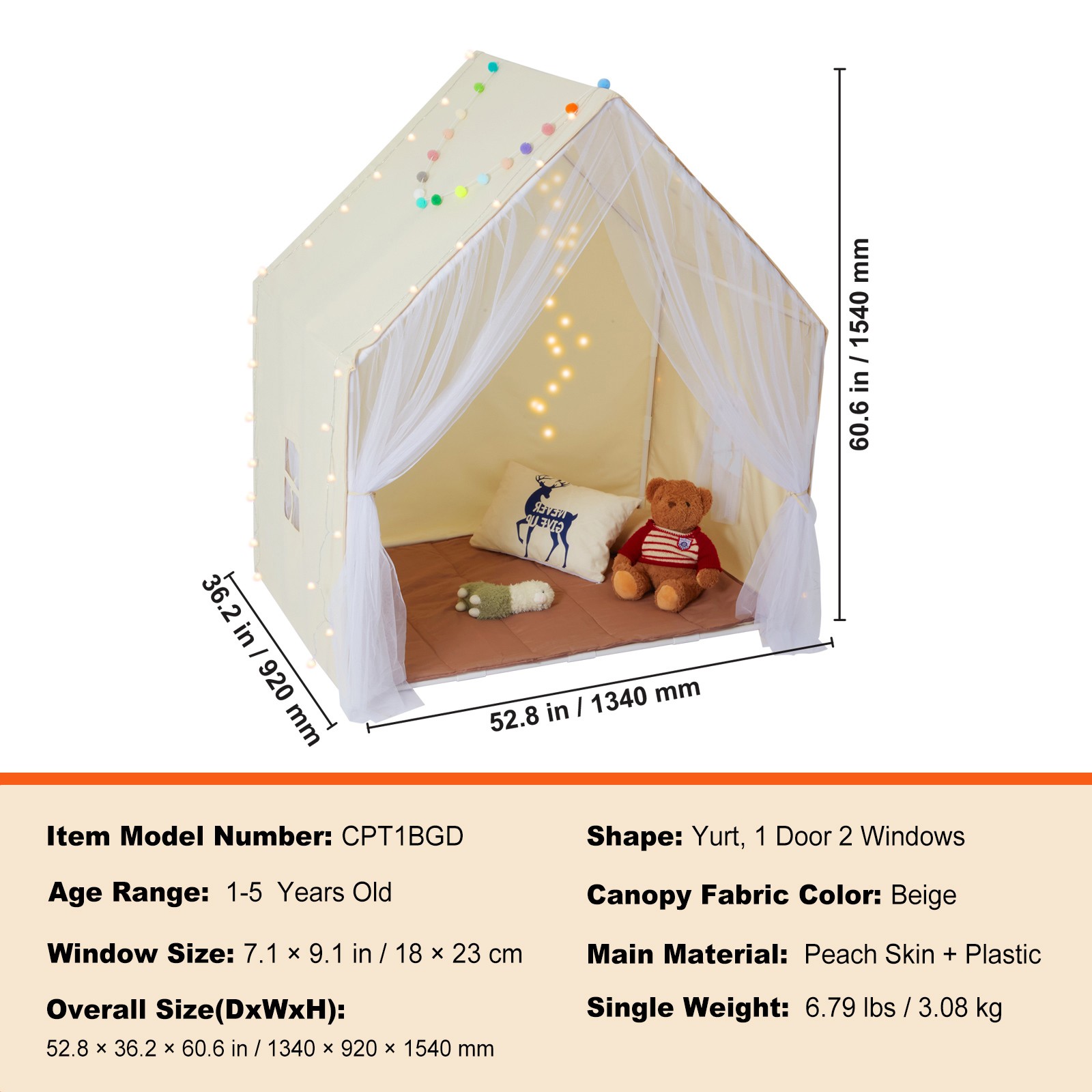 Kids Play Tent Kids Tent for 1-5 Years Old Yurt Toddler Tent with Mat Lamp