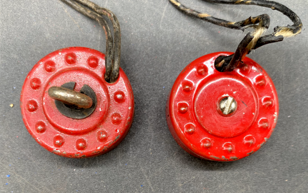 (2) GILBERT ERECTOR PART MJ RED PAINTED ELECTROMAGNET W/ WIRE LEADS