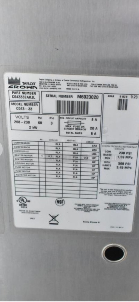 TAYLOR C043 CUSTARD BATCH FREEZER MACHINE 2016 Water Cooled 3ph