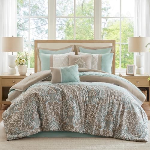 Luxe Quilted Comforter Set Modern California King Scrollwork Seafoam