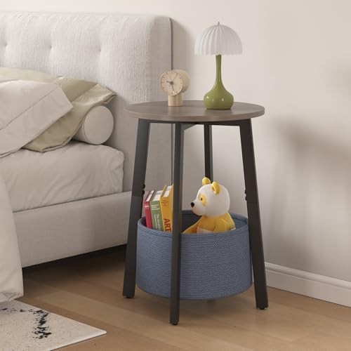 Small Round Side End Table with Cloth Storage Basket, Round Bedside Sofa 1 Grey