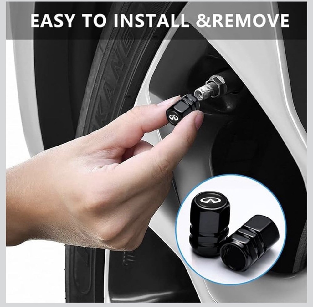Leather Car Keychain Comparable For Infinity & 4pcs Valve Stem Covers Black NWT