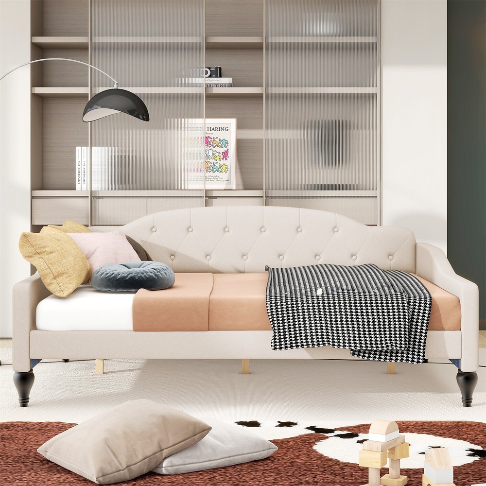 Full Size Daybed Linen Upholstered Bed Frame Sofa Bed for Bedroom Beige