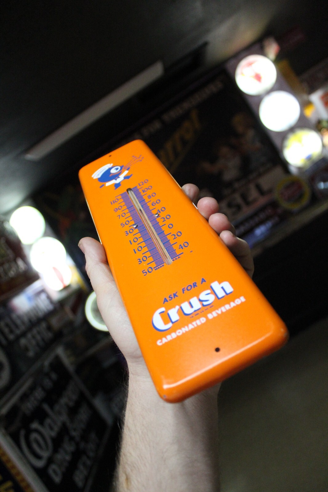 SCARCE 1950s ORANGE CRUSH SODA POP PAINTED METAL THERMOMETER SIGN PEPSI COKE RC