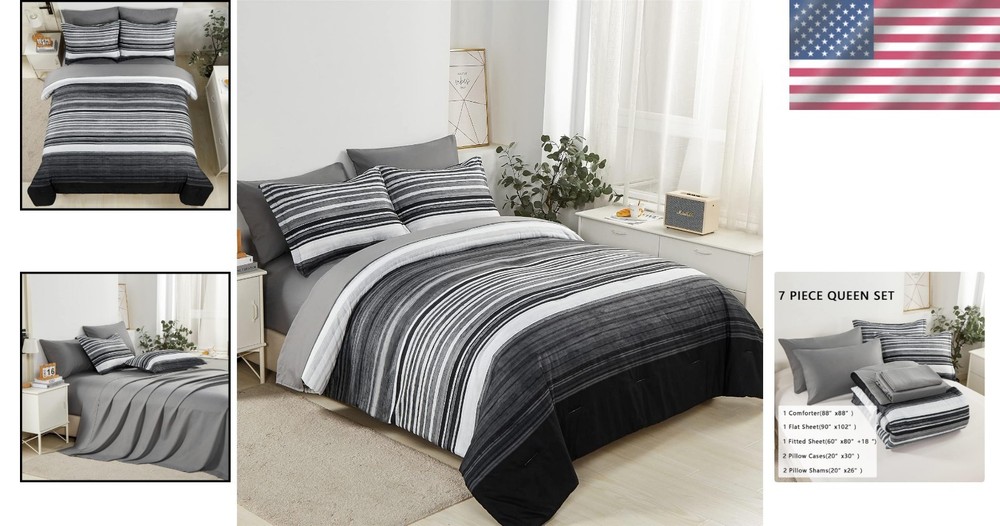 Elegant Grey Stripe Queen Comforter Set 7PC - All Season Microfiber
